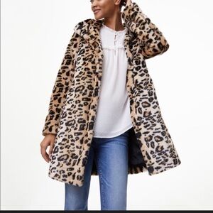 LOFT Leopard-Print Faux Fur Pea Coat - Beige/Black